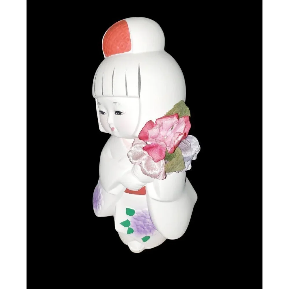 Vtg‎ Japanese Hakata Bisque Geisha Doll on Signed Wooden Base 7 3/4” T Ceramic